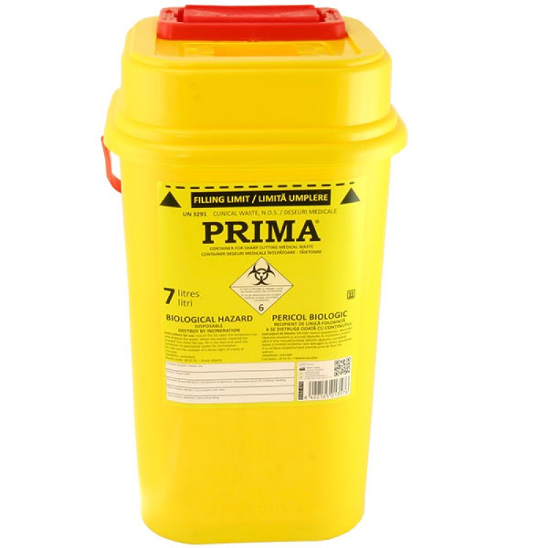 Recipient plastic pentru deseuri intepatoare, 7 litri, PRIMA, galben, unica folosinta, certificat ADR